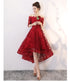Wine Red Lace High Low Lovely Short Off Shoulder Party Dress, High Low Homeocming Dress Prom Dress