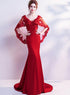 Wine Red Mermaid V back Evening Gown with Lace Applique, Dark Red Evening Dresses