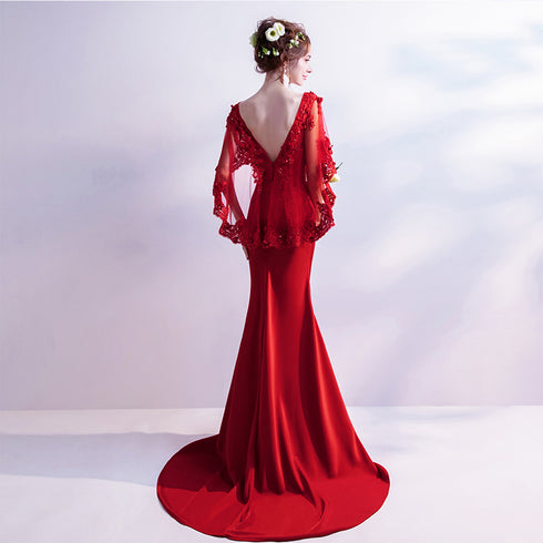 Wine Red Mermaid V back Evening Gown with Lace Applique, Dark Red Evening Dresses