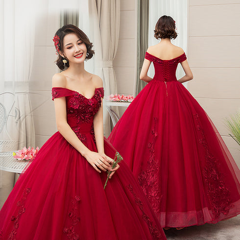 Wine Red Off The Shoulder Lace Party Quinceanera Dresses Sweet 16 Dress,  Ball Gown Prom Dress