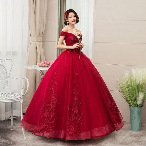 Wine Red Off The Shoulder Lace Party Quinceanera Dresses Sweet 16 Dress,  Ball Gown Prom Dress