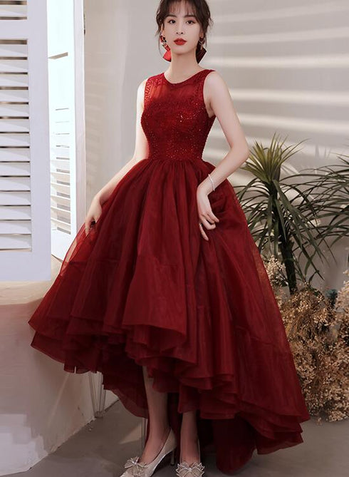 Wine Red Organza Lace High Low Chic Party Dresses Prom Dress, Wine Red Homecoming Dresses