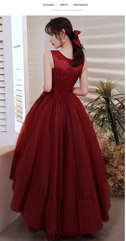 Wine Red Organza Lace High Low Chic Party Dresses Prom Dress, Wine Red Homecoming Dresses