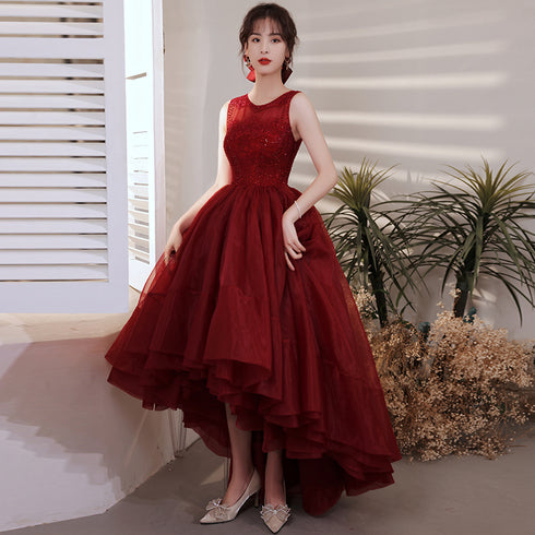 Wine Red Organza Lace High Low Chic Party Dresses Prom Dress, Wine Red Homecoming Dresses