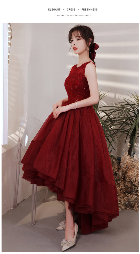 Wine Red Organza Lace High Low Chic Party Dresses Prom Dress, Wine Red Homecoming Dresses