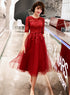Wine Red Short Sleeves Lace and Tulle Lovely Homecoming Dress, Wine Red Prom Dress Party Dress