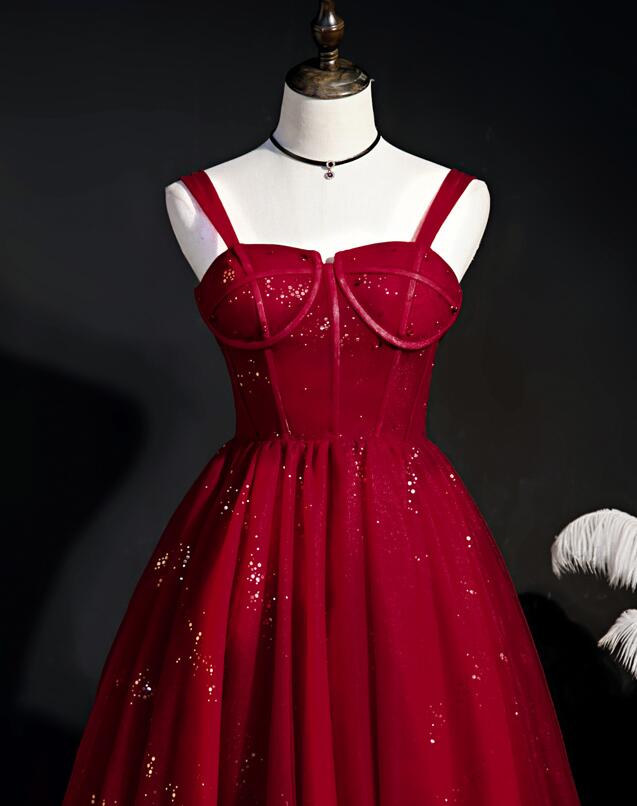 Wine Red Tulle Straps V-neckline Short Party Dress, Wine Red Tulle Homecoming Dress main image 1