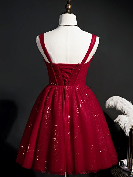 Wine Red Short Lace Cute Homecoming Dress, V-neckline Lace-up Teen Party Dress