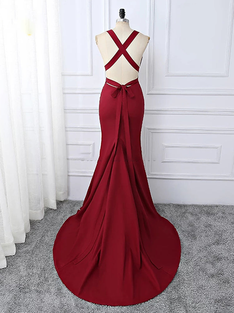 Wine Red Spnadex Sexy Cross Back Mermaid Long Party Dress, Wine Red Ev