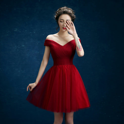 Wine Red Sweetheart Off Shoulder Tulle Homecoming Dress, Wine Red Short Prom Dress