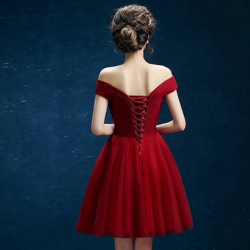 Wine Red Sweetheart Off Shoulder Tulle Homecoming Dress, Wine Red Short Prom Dress