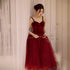 Wine Red Tea Length Velvet Top and Tulle Party Dress, Dark Red Straps Evening Dress