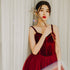 Wine Red Tea Length Velvet Top and Tulle Party Dress, Dark Red Straps Evening Dress