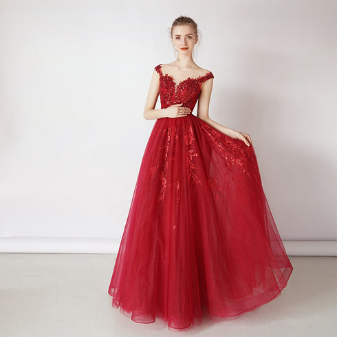 Wine Red Tulle Round Neckline Long Party Dress, A-line Floor Length Evening Dress Prom Dress