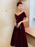 Wine Red Velvet Tea Length Chic Off Shoulder Party Dress, Burgundy Prom Dresses