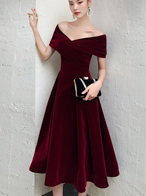 Wine Red Velvet Tea Length Chic Off Shoulder Party Dress, Burgundy Prom Dresses