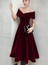 Wine Red Velvet Tea Length Chic Off Shoulder Party Dress, Burgundy Prom Dresses
