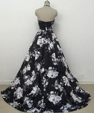 Black Floral Halter Ball Gown Party Dress, Floral Long Formal Dress Prom Dress
