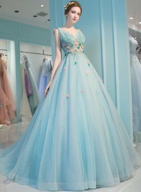 Mint Blue Flowers Tulle V-neckline Long Sweet 16 Dress, Blue Party Dress Formal Dress