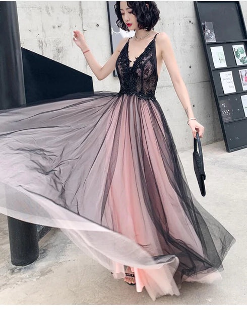 Pink and Black Stylish Tulle with Lace Long Formal Dresses, A-line Tulle Evening Dresses