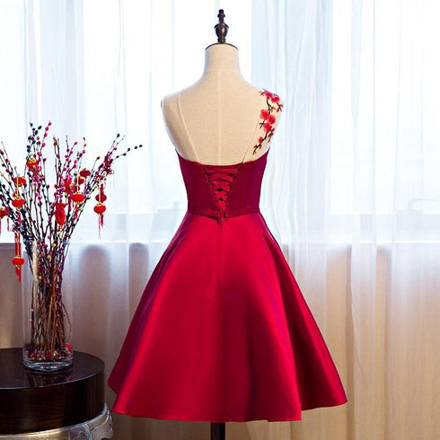 Beautiful Red Satin Knee Length Party Dress, Cute Bridesmaid Dress