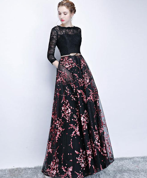 Black Lace and Pink Floral Tulle Long Party Dress, Black Bridesmaid Dress Party Dress
