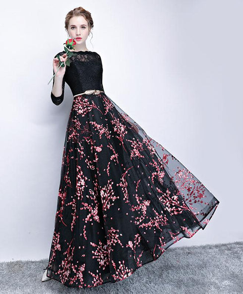 Black Lace and Pink Floral Tulle Long Party Dress, Black Bridesmaid Dress Party Dress