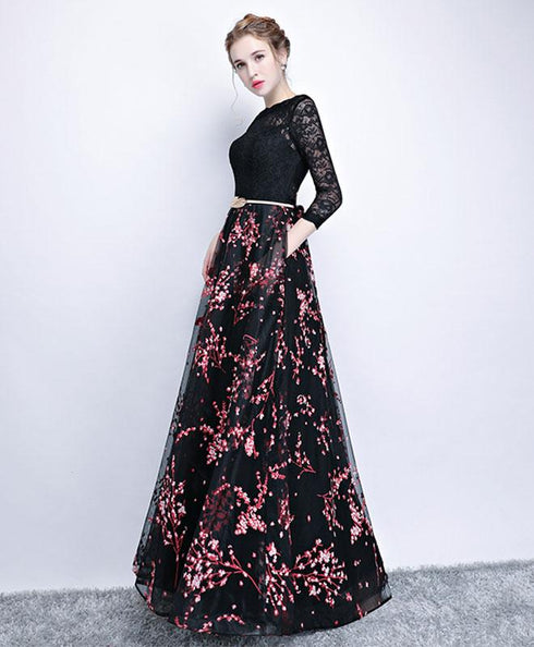 Black Lace and Pink Floral Tulle Long Party Dress, Black Bridesmaid Dress Party Dress