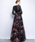Black Lace and Pink Floral Tulle Long Party Dress, Black Bridesmaid Dress Party Dress