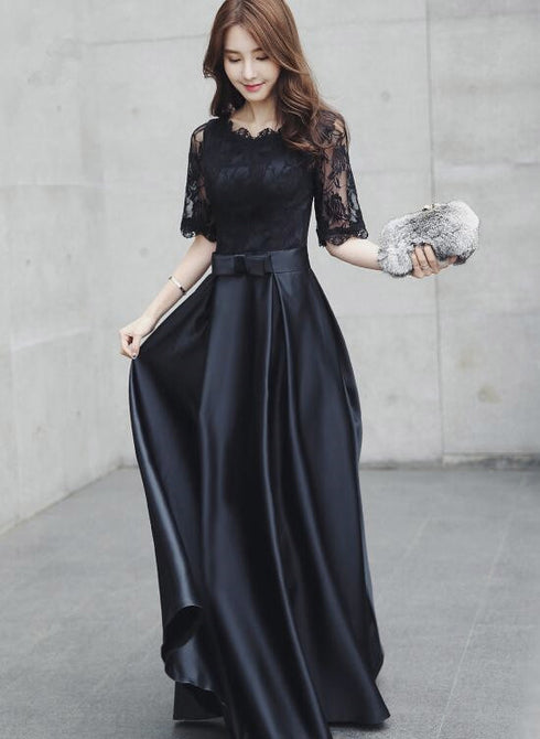 Black Satin with Lace Short Sleeves Long A-line Wedding Party Dress, Black Formal Dress