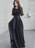 Black Satin with Lace Short Sleeves Long A-line Wedding Party Dress, Black Formal Dress