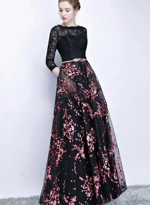 Black Lace and Pink Floral Tulle Long Party Dress, Black Bridesmaid Dress Party Dress