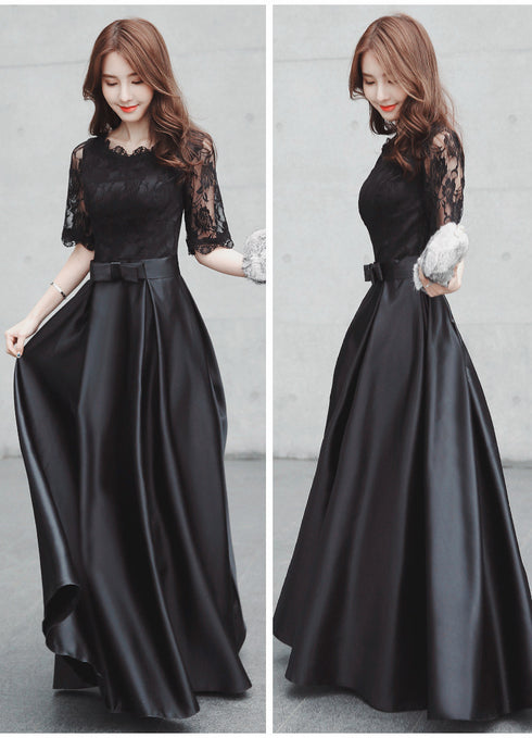 Black Satin with Lace Short Sleeves Long A-line Wedding Party Dress, Black Formal Dress