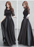 Black Satin with Lace Short Sleeves Long A-line Wedding Party Dress, Black Formal Dress