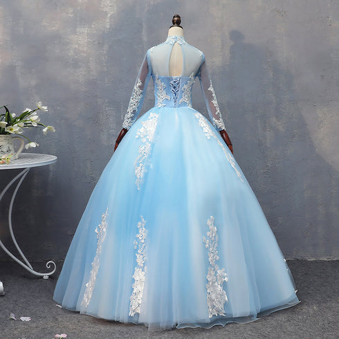 Blue Long Sleeves lace Tulle Sweet 16 Dress, Light Blue Ball Gown Formal Dress, Party Dress
