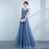 Blue Shiny Tulle Off Shoulder Beaded Straps A-line Party Dress, Blue Long Prom Dress