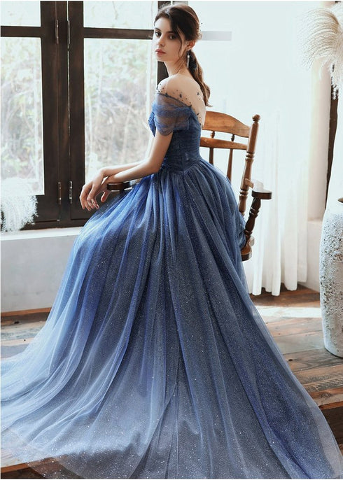 Unique Tulle Beaded Gradient A-line Sweetheart Long Prom Dress, Tulle Formal Dress Evening Gown