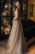 Sexy Champagne Beaded Deep V-neckline Long Party Dress, Tulle A-line Prom Dress Evening Dress