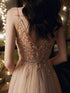 Sexy Champagne Beaded Deep V-neckline Long Party Dress, Tulle A-line Prom Dress Evening Dress
