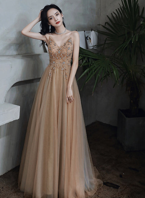 Sexy Champagne Beaded Deep V-neckline Long Party Dress, Tulle A-line Prom Dress Evening Dress