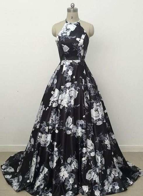 Black Floral Halter Ball Gown Party Dress, Floral Long Formal Dress Prom Dress