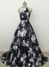 Black Floral Halter Ball Gown Party Dress, Floral Long Formal Dress Prom Dress