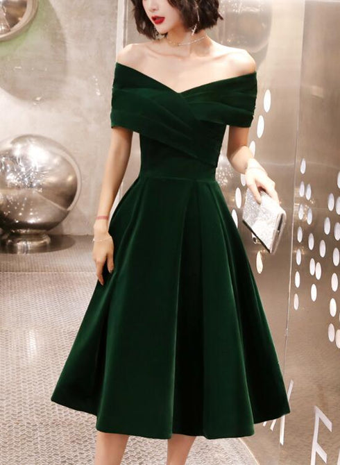 Green Velvet Off Shoulder A-line Bridesmaid Dress, Tea Length Party Dress