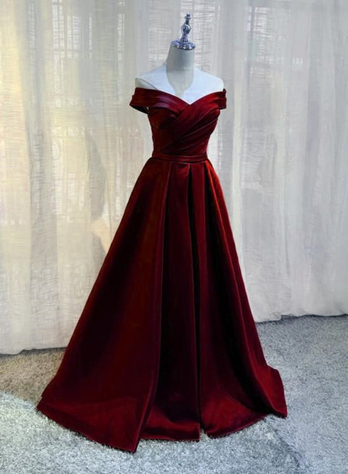 Beautiful Burgundy A-line Floor Length Satin Prom Dress Party Dress, Wine Red Long Formal Dress