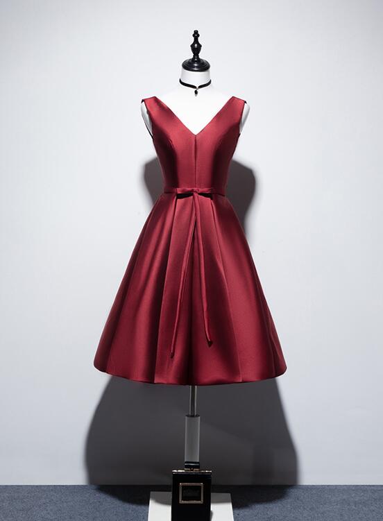 Wine Red Satin V-neckline Low Back Party Dress with Lace, Wine Red Wedding Party Dress main image 1