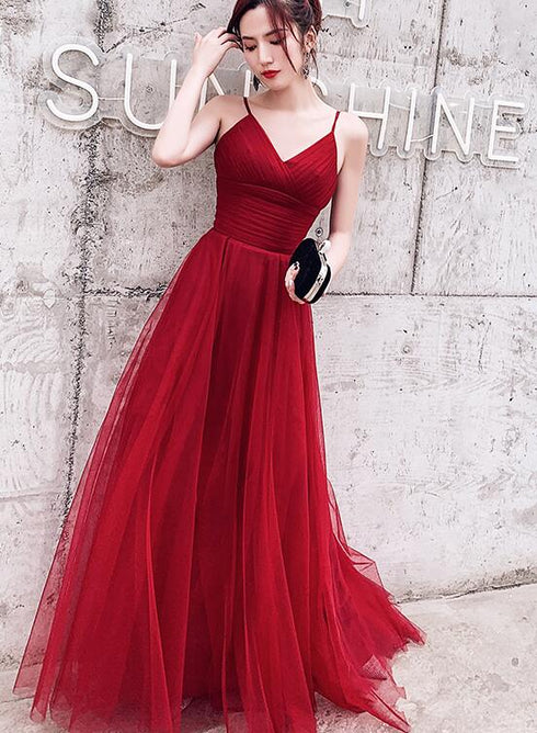 Wine Red Simple Low Back Straps Tulle Prom Dress, Dark Red Formal Dress Party Dress
