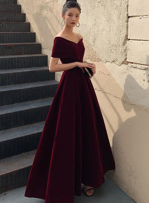 Elegant Burgundy Off Shoulder Sweetheart Velvet Party Dress, A-line Long Formal Dress Prom Dress