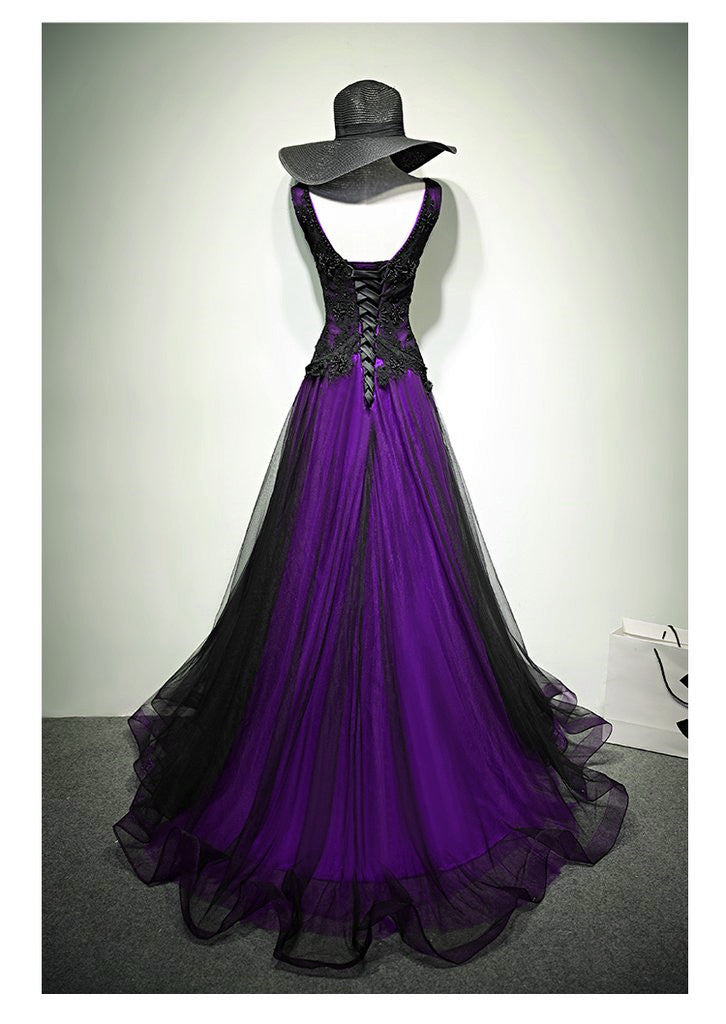Black and Purple V-neckline A-line Prom Dress, Tulle with Lace Party Dress US size 8 / Custom Color Black and Purple V-neckline A-line Prom Dress, Tulle with Lace Party Dress US size 8 / Custom Color
