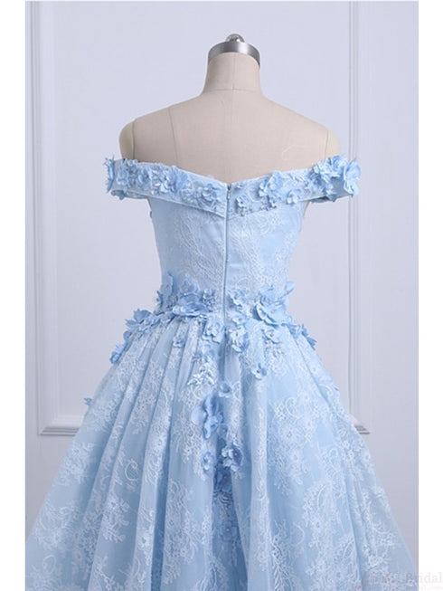 Beautiful Off the Shoulder Blue Prom Dresses Lace Applique, High Low Prom Dress