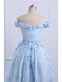 Beautiful Off the Shoulder Blue Prom Dresses Lace Applique, High Low Prom Dress